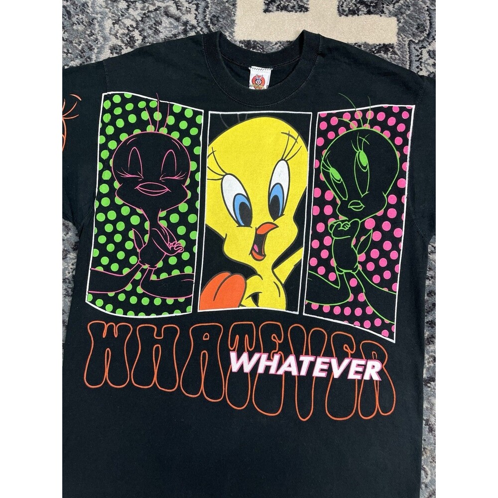 Vintage 90s Looney Tunes Tweety Bird Whatever Tee Shirt 1997 Size Large Black - Picture 3 of 10